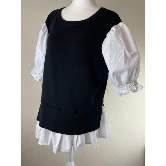 ~ Anthropologie L Sweater/Blouse Mixed Media Black White Balloon Poplin Knit Lg - Picture 10 of 15